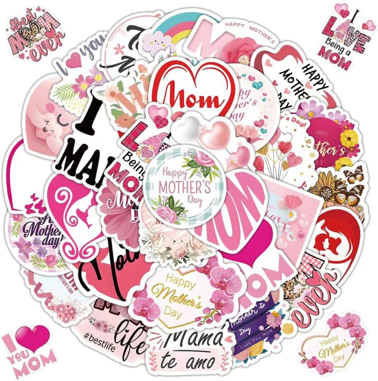 Mother's Day Stickers, 50 Pcs Happy Mothers Day Stickers Decals Decorations Bulk Love Mom Stickers Gifts Set for Laptop Water Bottles Scrapbook Car Skateboard Bike Luggage